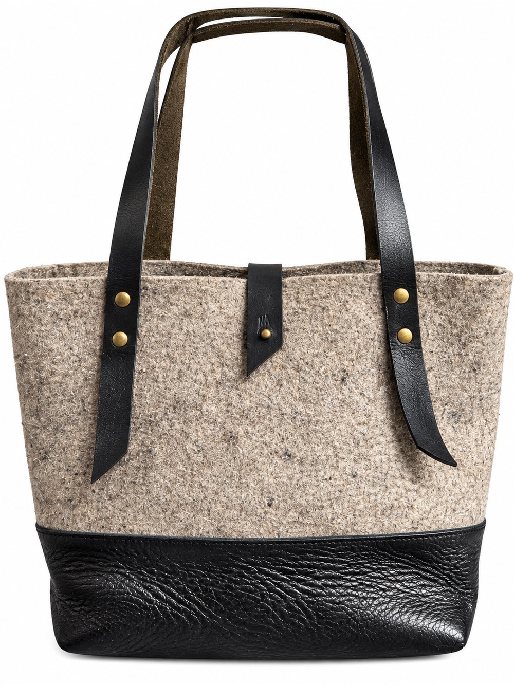 Wool Felt & Genuine Leather Tote Bag Black Taupe Minimalist Shopper